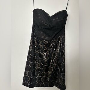 Cache Black and Gold Sequins strapless Mini Dress — great New Year’s Eve dress